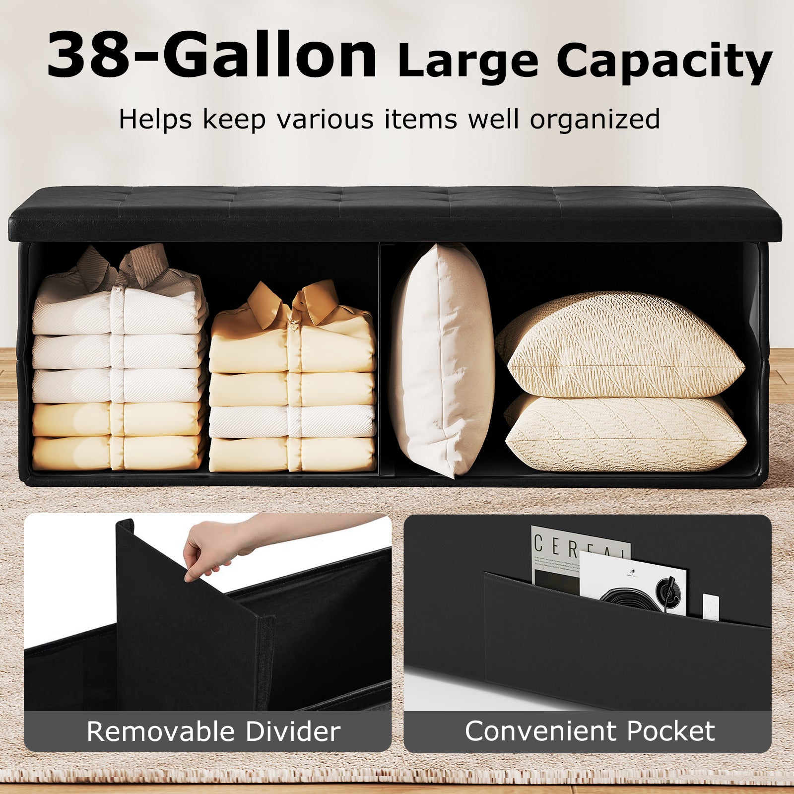 43 Inches Folding Storage Ottoman Bench Foot Rest Stool End of Bed Bench, Black Shoe Racks & Storage Benches at Gallery Canada