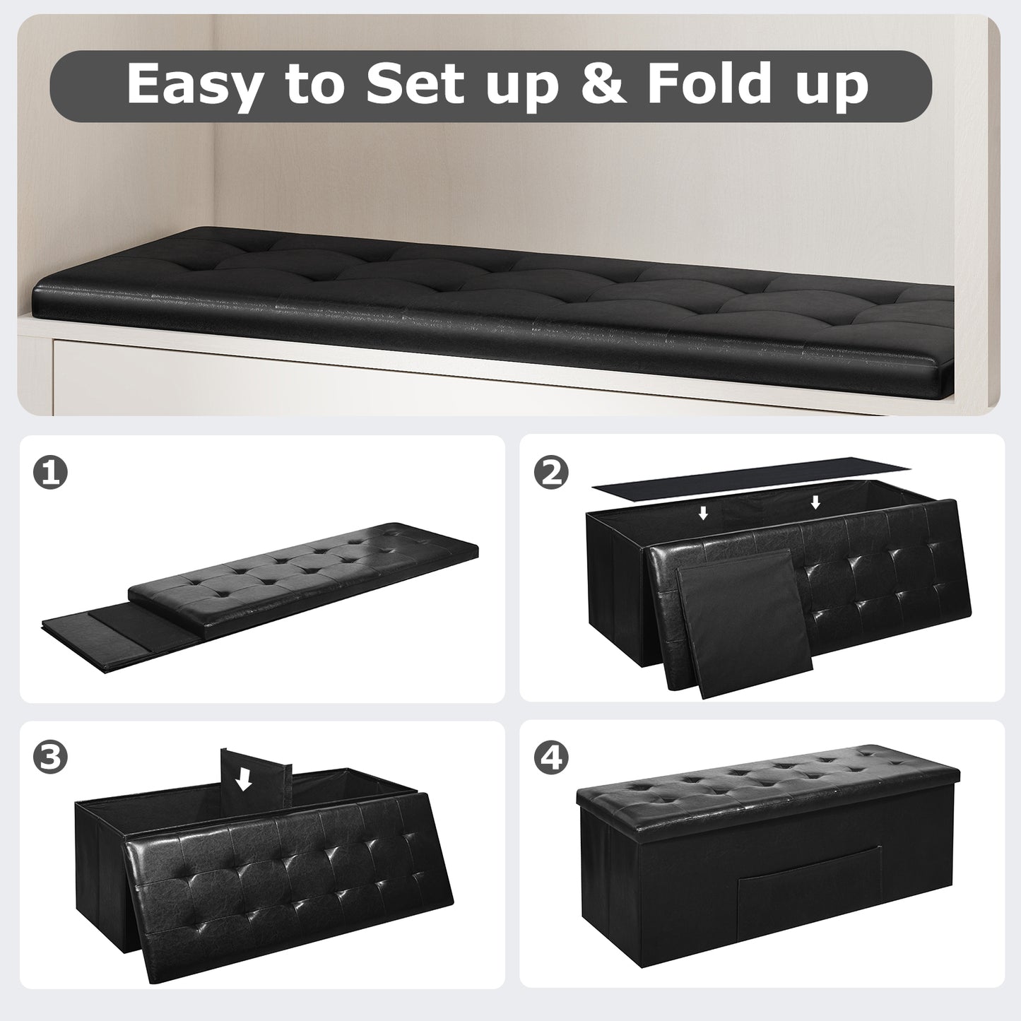 43 Inches Folding Storage Ottoman Bench Foot Rest Stool End of Bed Bench, Black Shoe Racks & Storage Benches at Gallery Canada