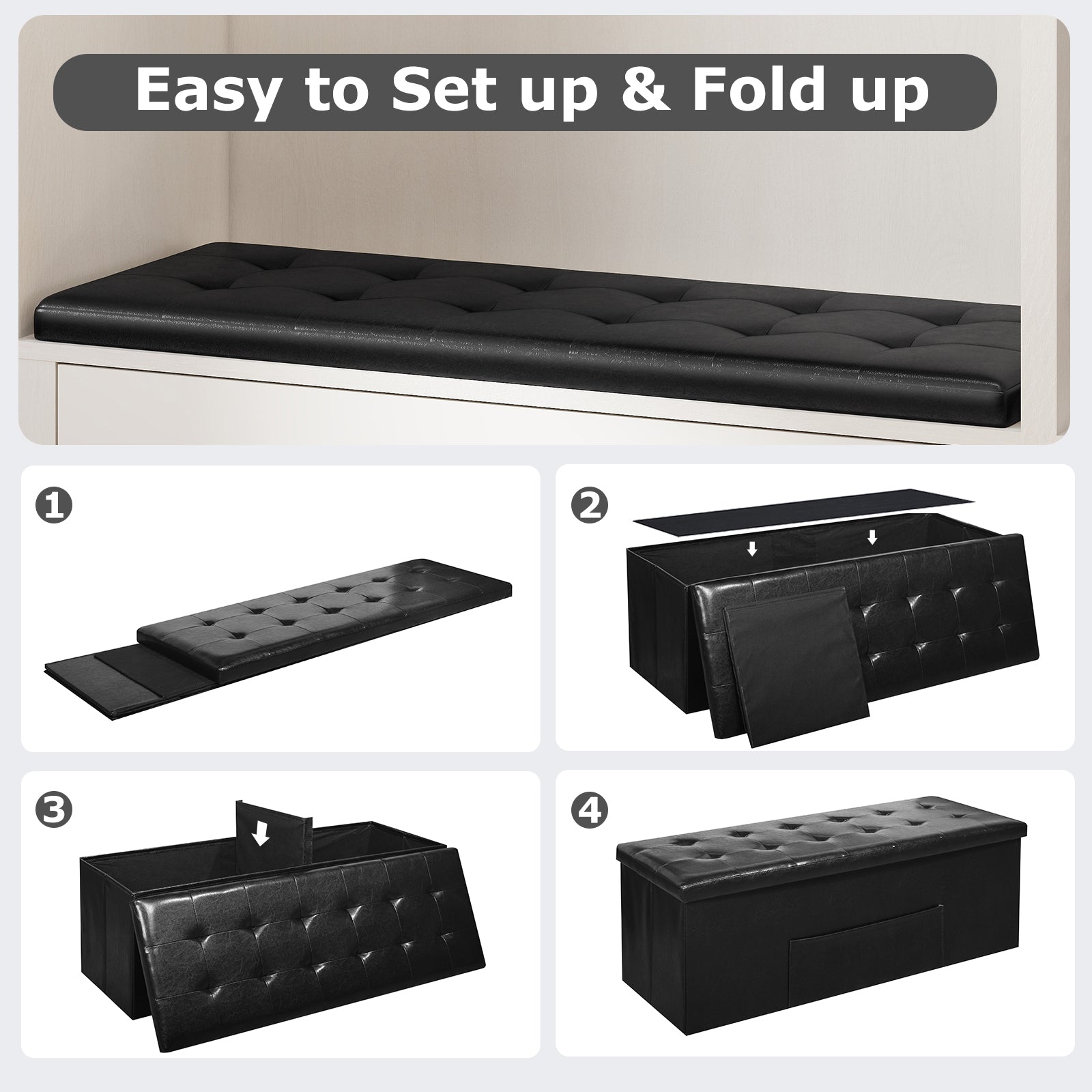 43 Inches Folding Storage Ottoman Bench Foot Rest Stool End of Bed Bench, Black Shoe Racks & Storage Benches at Gallery Canada