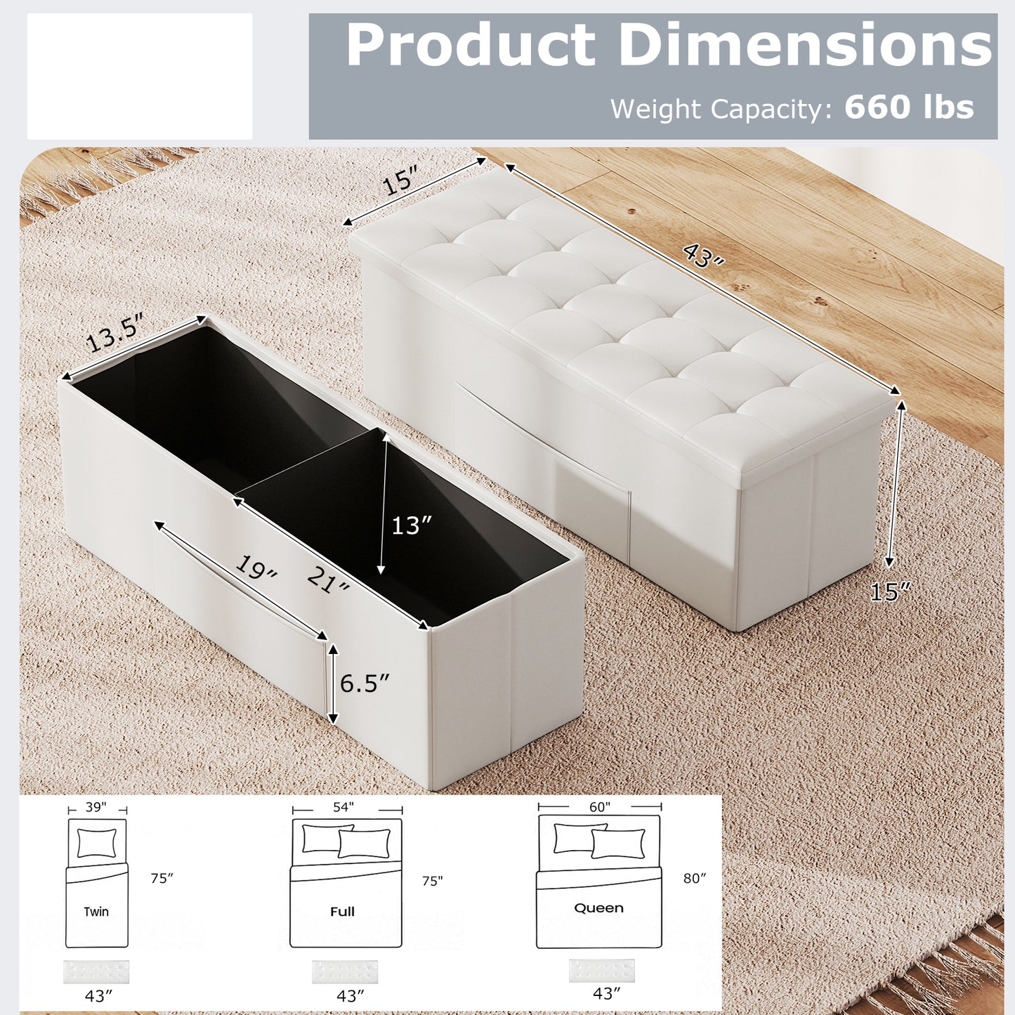 43 Inches Folding Storage Ottoman Bench Foot Rest Stool End of Bed Bench, White Shoe Racks & Storage Benches at Gallery Canada