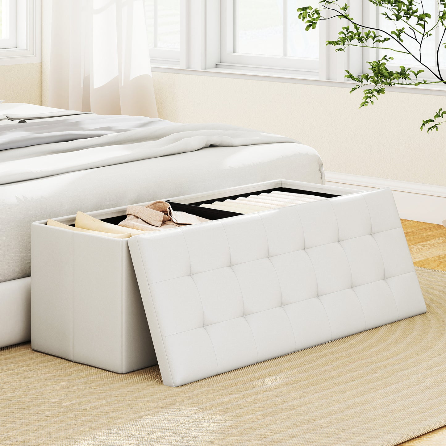 43 Inches Folding Storage Ottoman Bench Foot Rest Stool End of Bed Bench, White Shoe Racks & Storage Benches at Gallery Canada