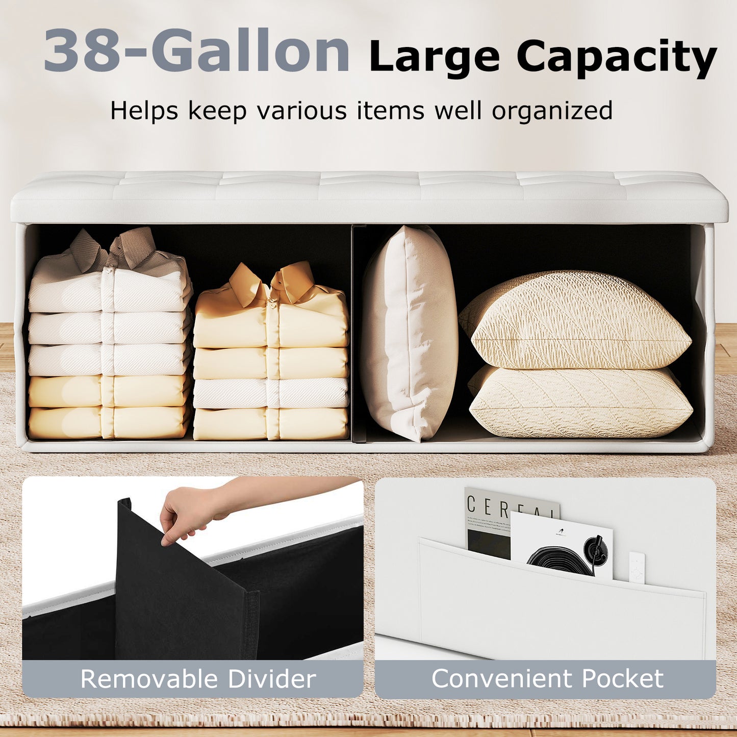 43 Inches Folding Storage Ottoman Bench Foot Rest Stool End of Bed Bench, White Shoe Racks & Storage Benches at Gallery Canada