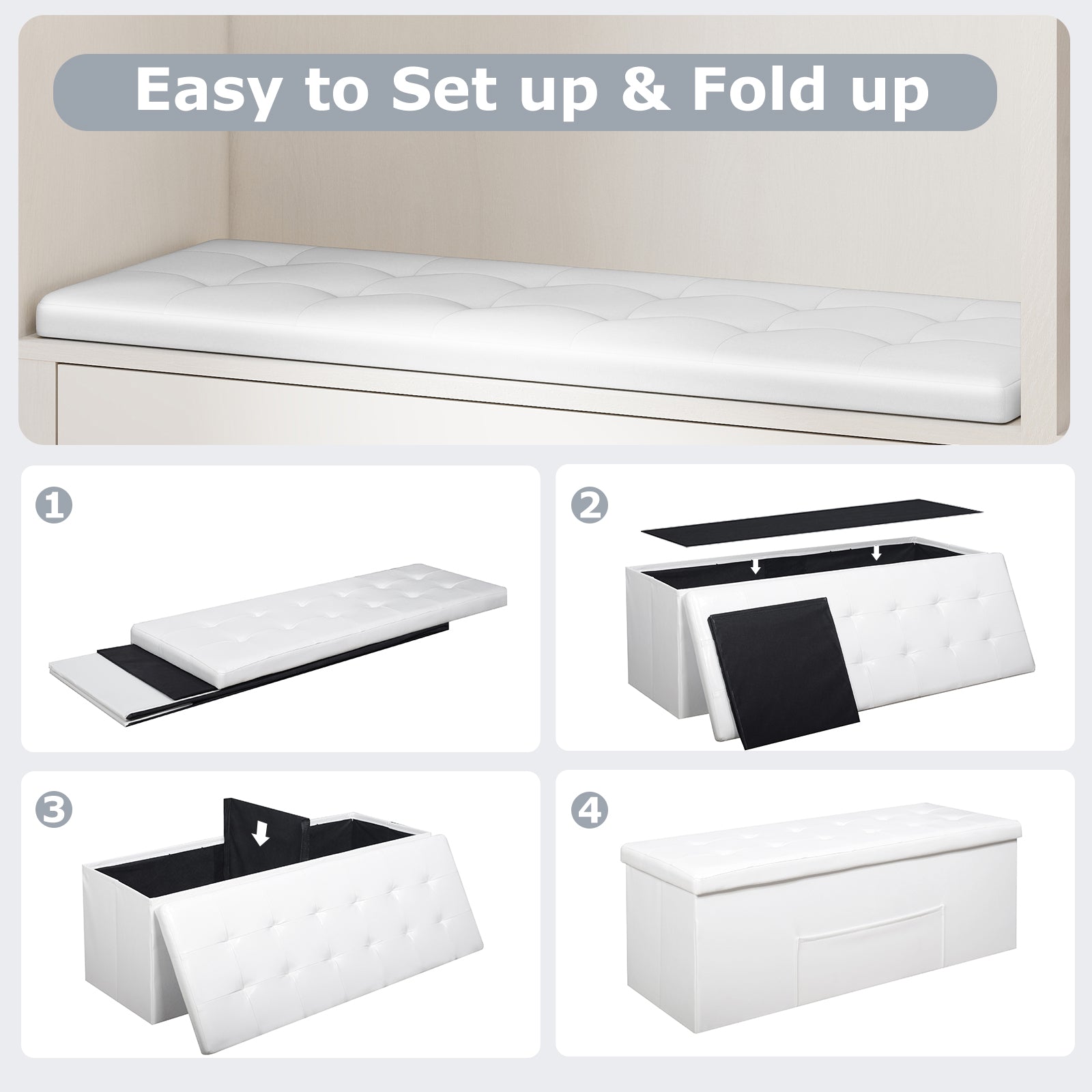 43 Inches Folding Storage Ottoman Bench Foot Rest Stool End of Bed Bench, White Shoe Racks & Storage Benches at Gallery Canada