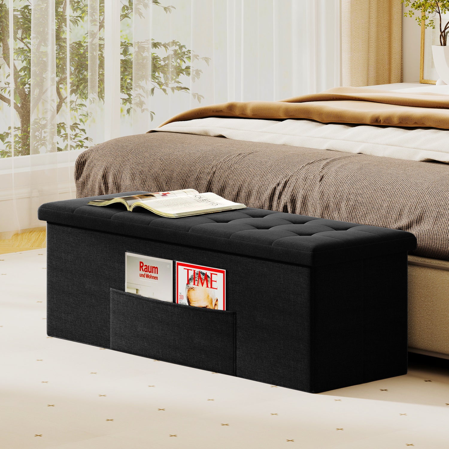43 Inches Folding Storage Ottoman Bench with Padded Seat, Black Shoe Racks & Storage Benches at Gallery Canada