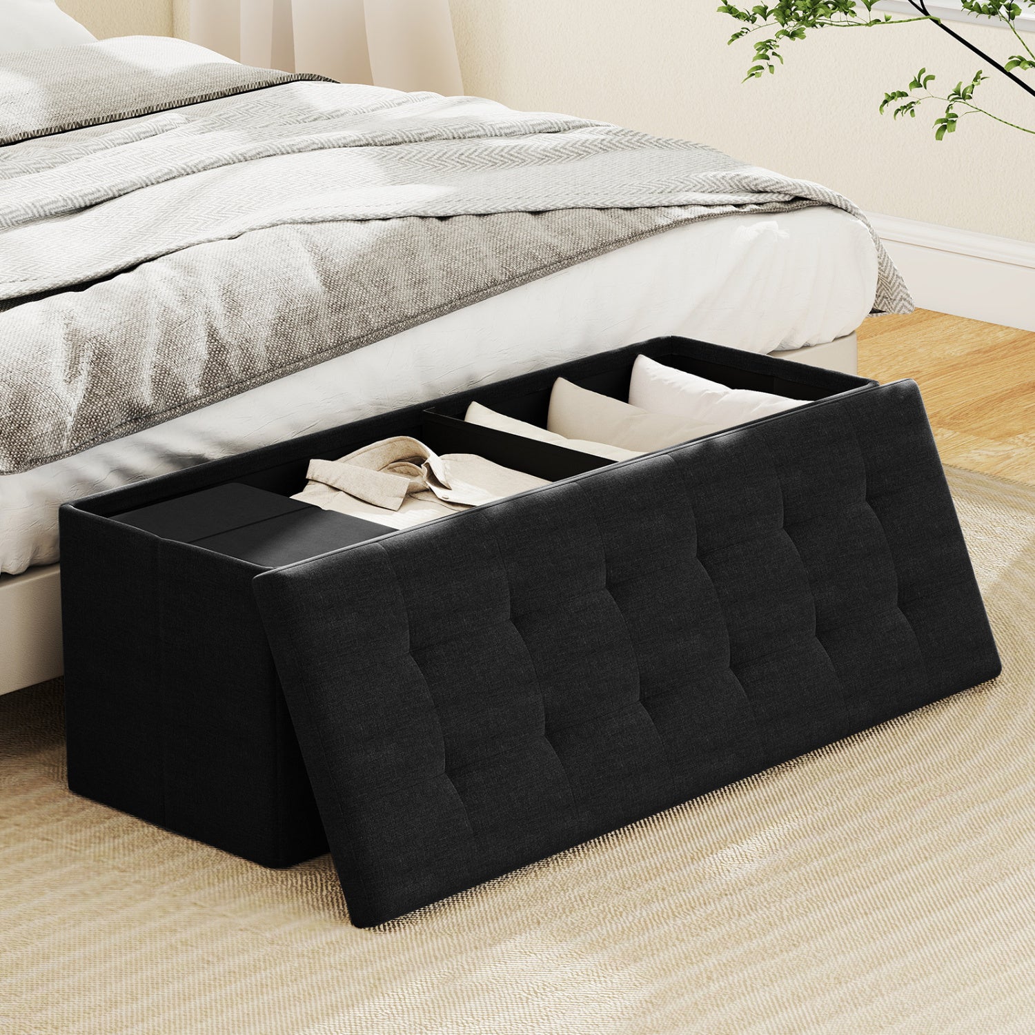 43 Inches Folding Storage Ottoman Bench with Padded Seat, Black Shoe Racks & Storage Benches at Gallery Canada