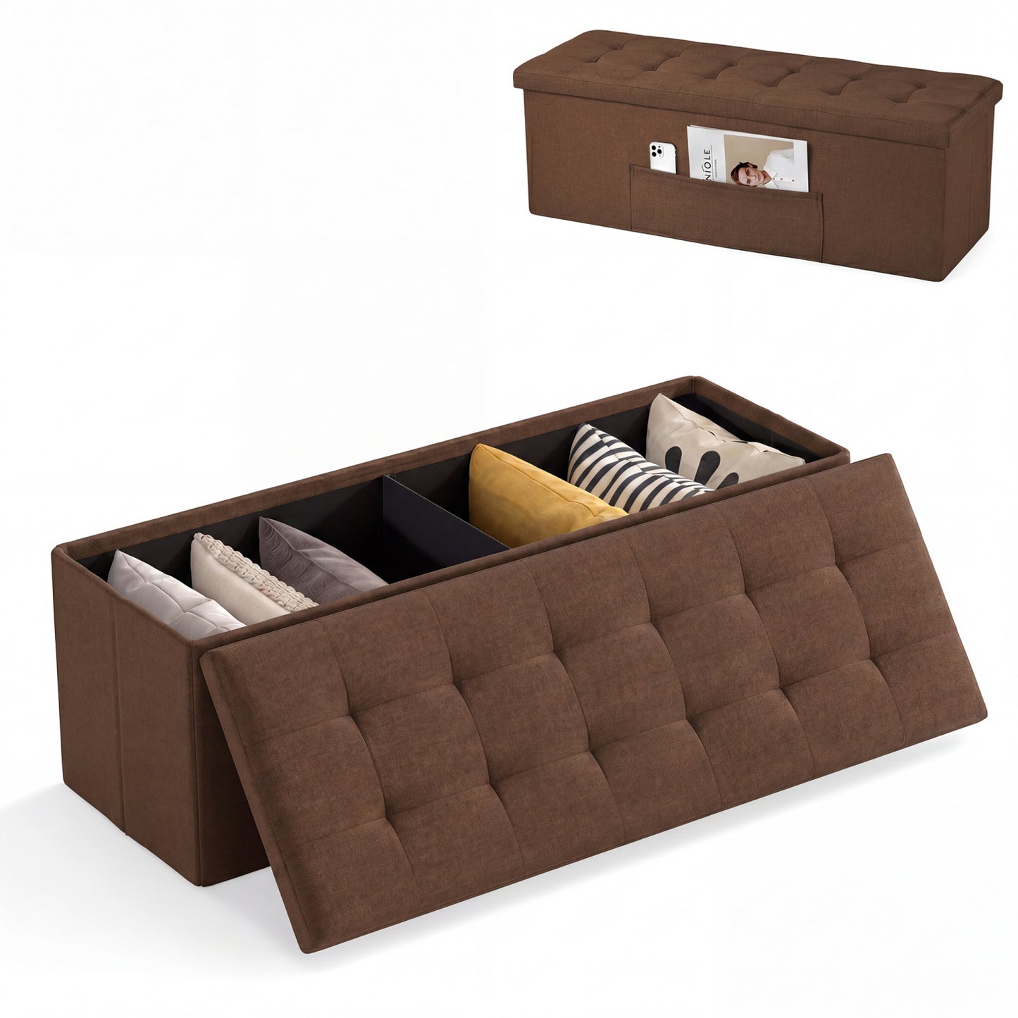 Banc coffre pliant de 43 pouces, lin, siège rembourré, marron