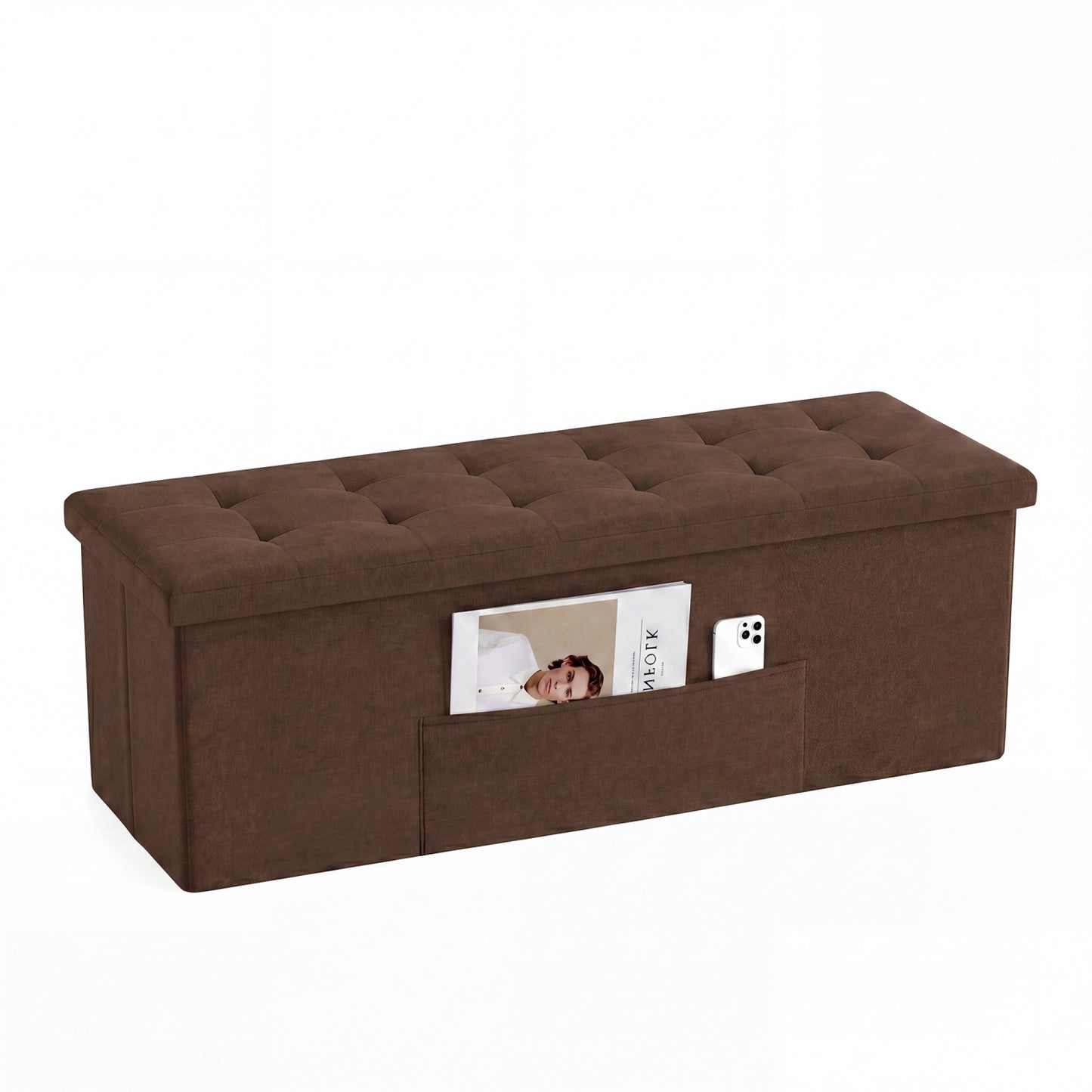 Banc coffre pliant de 43 pouces, lin, siège rembourré, marron