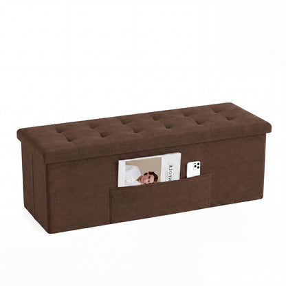 Banc coffre pliant de 43 pouces, lin, siège rembourré, marron