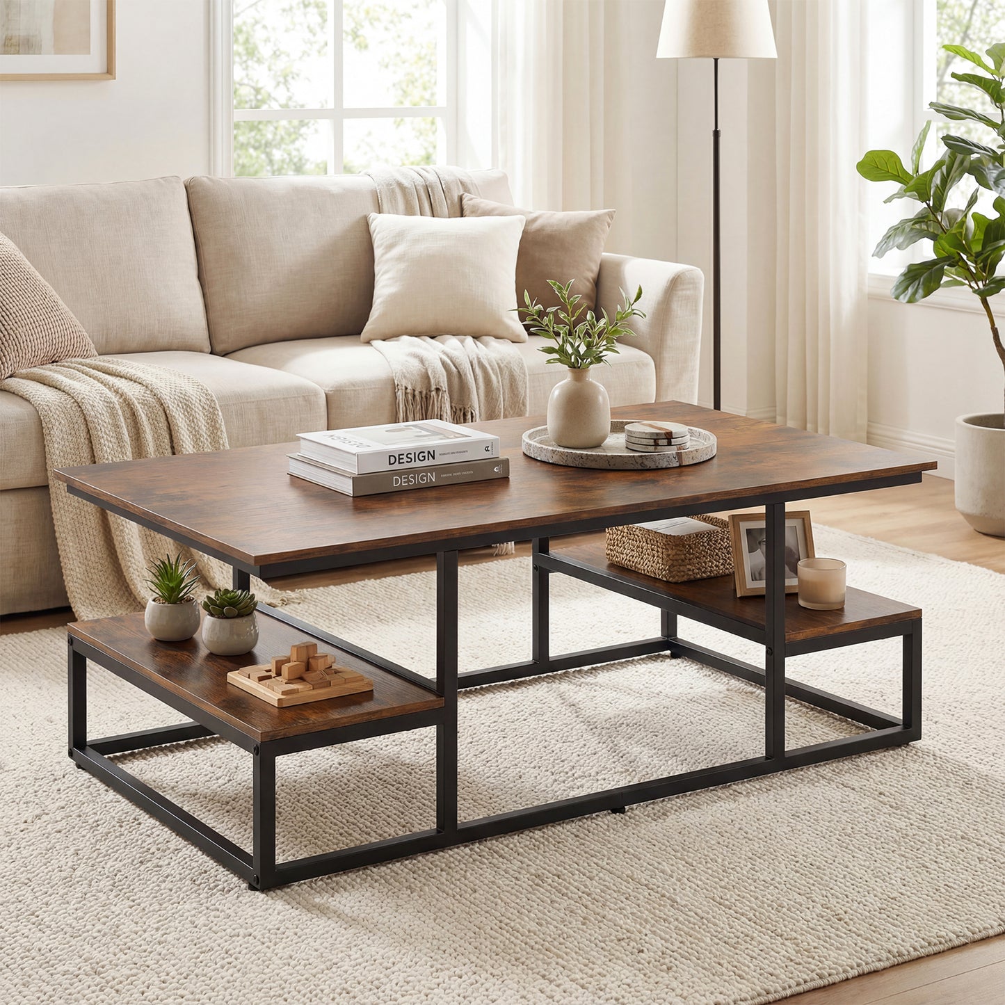 43" Rectangle Coffee Table With Storage, Open Shelves, Brown Coffee Tables at Gallery Canada
