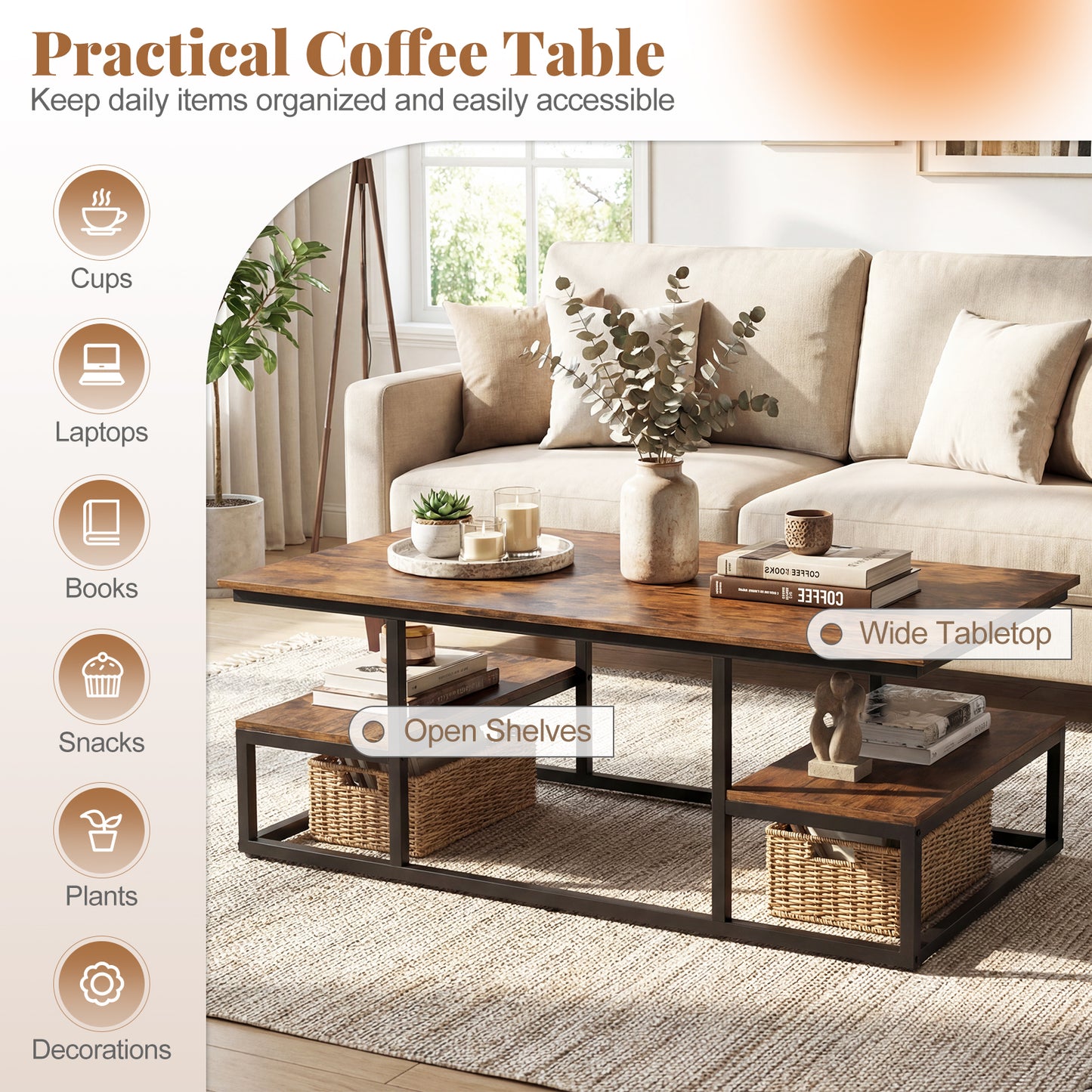 43" Rectangle Coffee Table With Storage, Open Shelves, Brown Coffee Tables at Gallery Canada