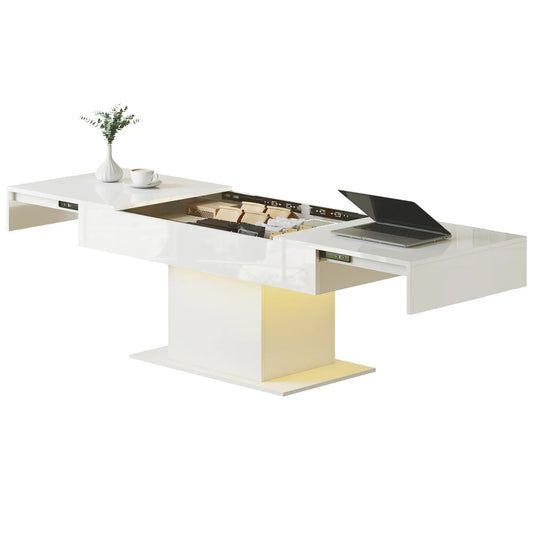 Extendable Coffee Table with LED Lights, Modern High Gloss Center Table with Hidden Storage, White