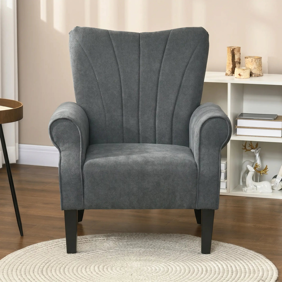 Modern Fabric Armchair, Wood Legs, Living Room, Bedroom, Dark Grey Accent Chairs at Gallery Canada