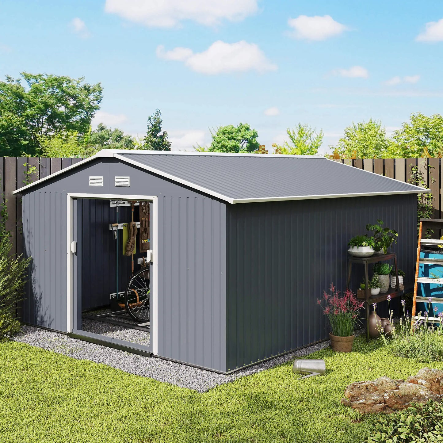 11.2ft x 12.5ft Garden Storage Shed, 4 Vent Slots, Double Sliding Door, Grey Sheds at Gallery Canada