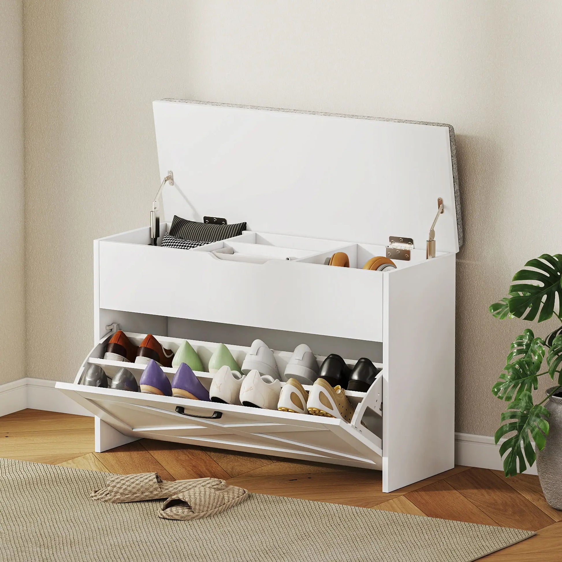 Shoe Storage Bench with Flip Drawer, Lift Top, Seat Cushion, White Shoe Storage Cabinets & Racks at Gallery Canada