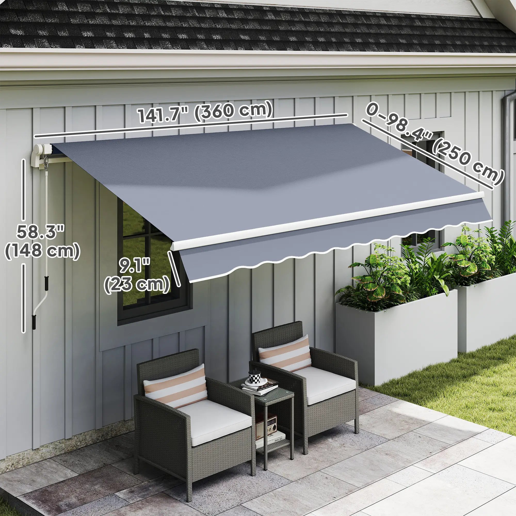 12'x8' Retractable Patio Awning Manual Crank Sunshade, Grey Deck Awnings at Gallery Canada