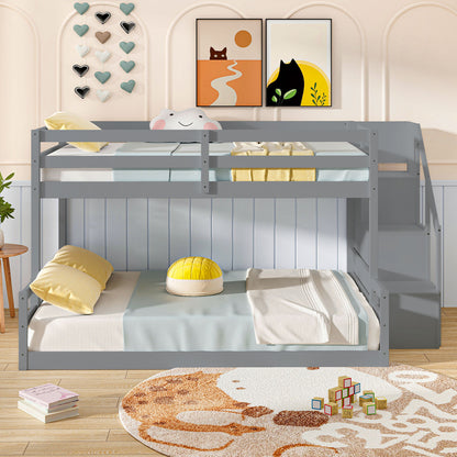 Solid Wood Twin Over Full Low Bunk Bed with Storage Stairs-Grey, Gray Bunk Bed Frame at Gallery Canada