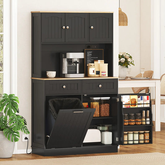 68 Inch Pantry Cabinet with Charging Station, Microwave Stand, Trash Can, Black Kitchen Pantry Cabinets Black, Oak at Gallery Canada