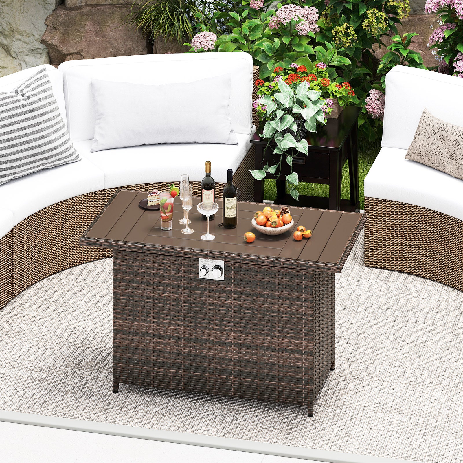 44.5 Inch Propane Fire Pit Table Rattan Gas 2-in-1 with Stainless Steel Burner, Brown Fire Pits at Gallery Canada