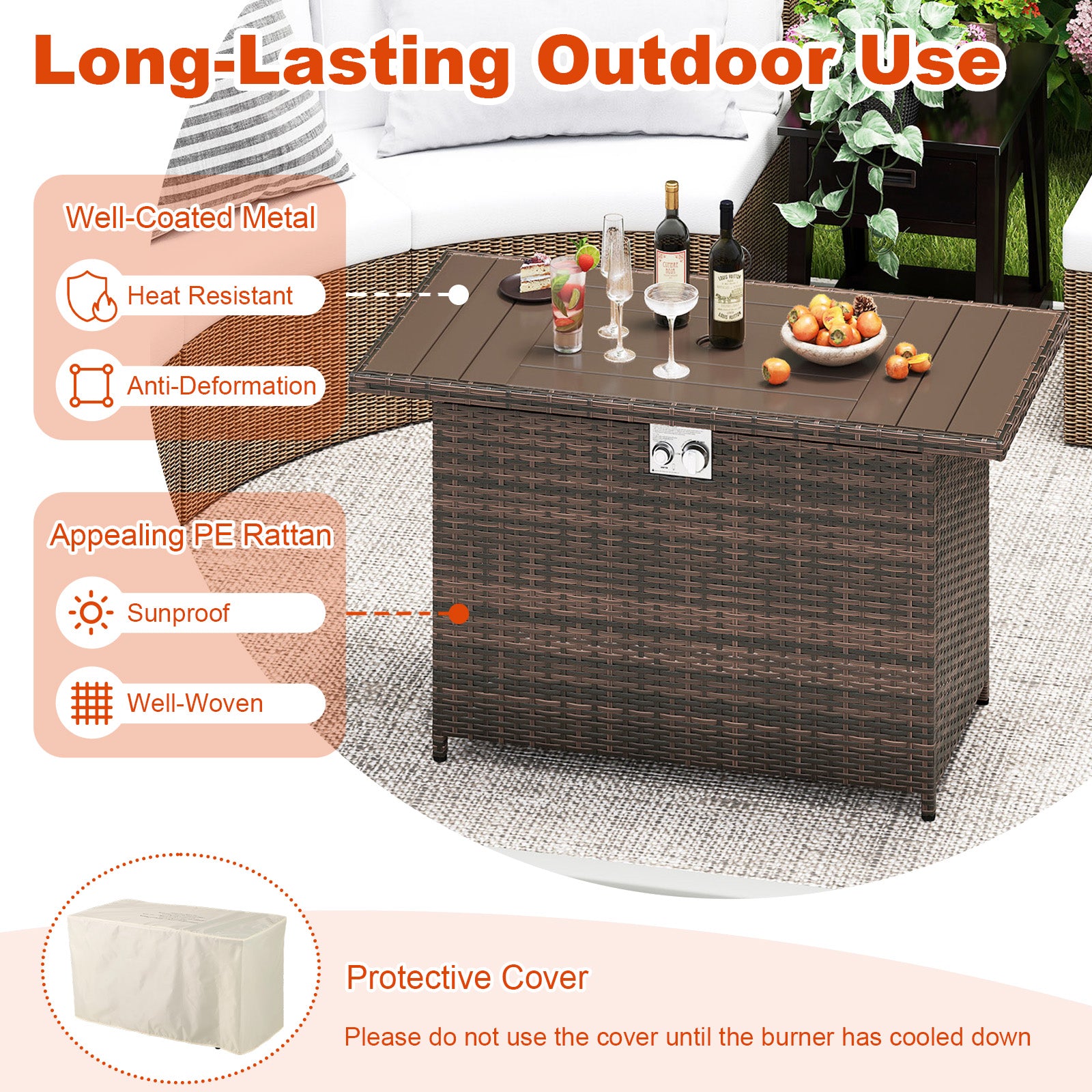 44.5 Inch Propane Fire Pit Table Rattan Gas 2-in-1 with Stainless Steel Burner, Brown Fire Pits at Gallery Canada