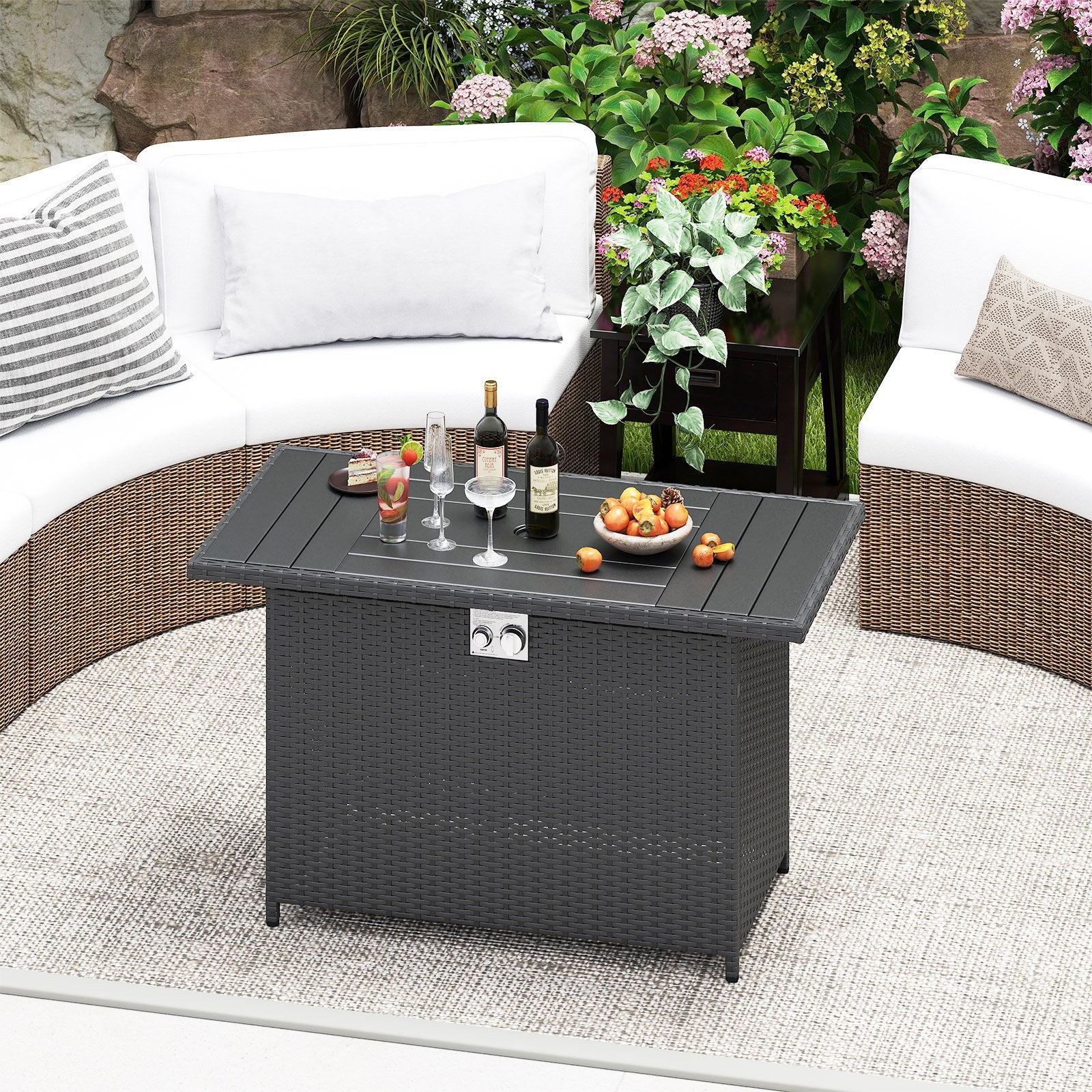 44.5 Inch Propane Fire Pit Table Rattan Gas 2-in-1 with Stainless Steel Burner, Black Fire Pits at Gallery Canada
