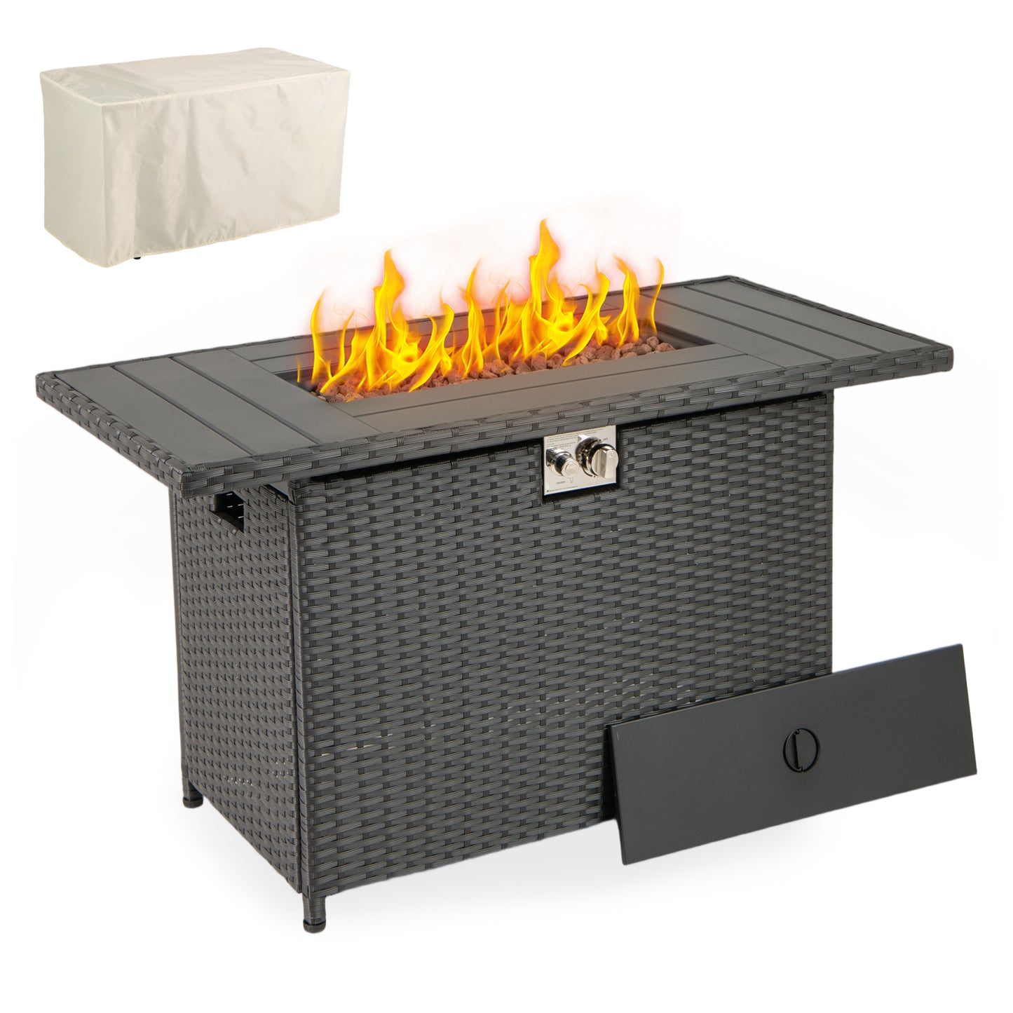 44.5 Inch Propane Fire Pit Table Rattan Gas 2-in-1 with Stainless Steel Burner, Black Fire Pits Black at Gallery Canada