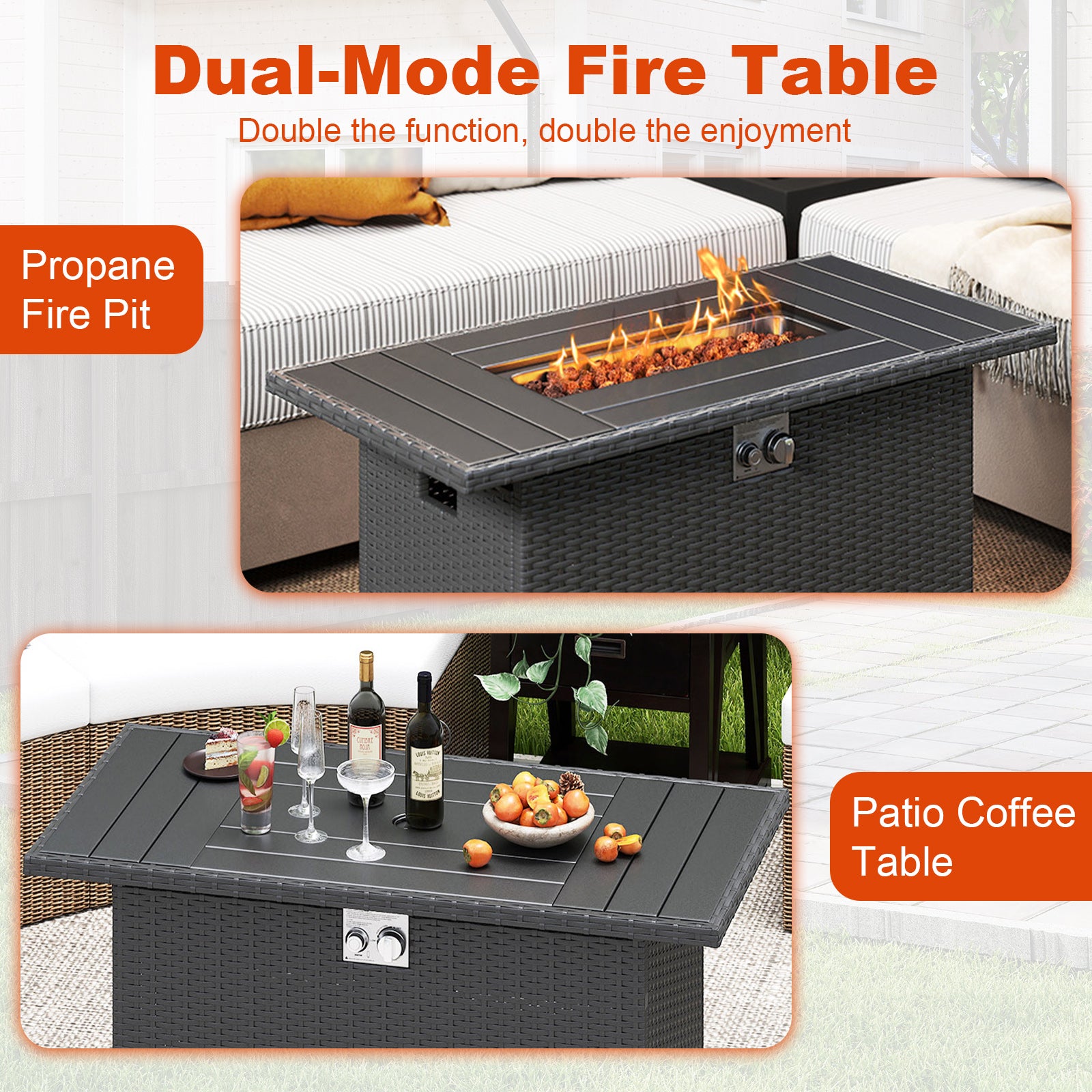 44.5 Inch Propane Fire Pit Table Rattan Gas 2-in-1 with Stainless Steel Burner, Black Fire Pits at Gallery Canada