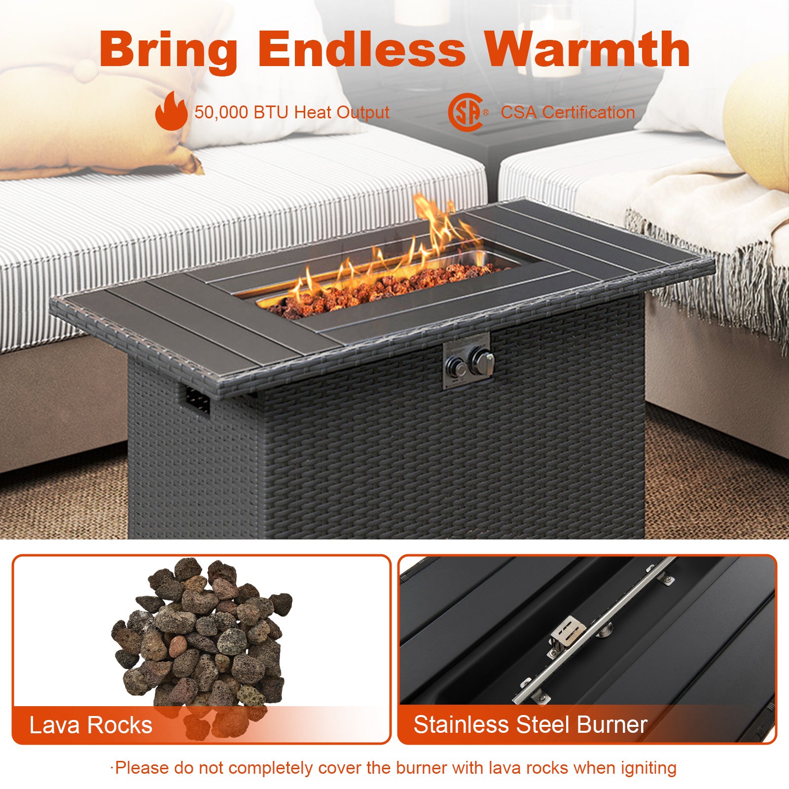 44.5 Inch Propane Fire Pit Table Rattan Gas 2-in-1 with Stainless Steel Burner, Black Fire Pits at Gallery Canada