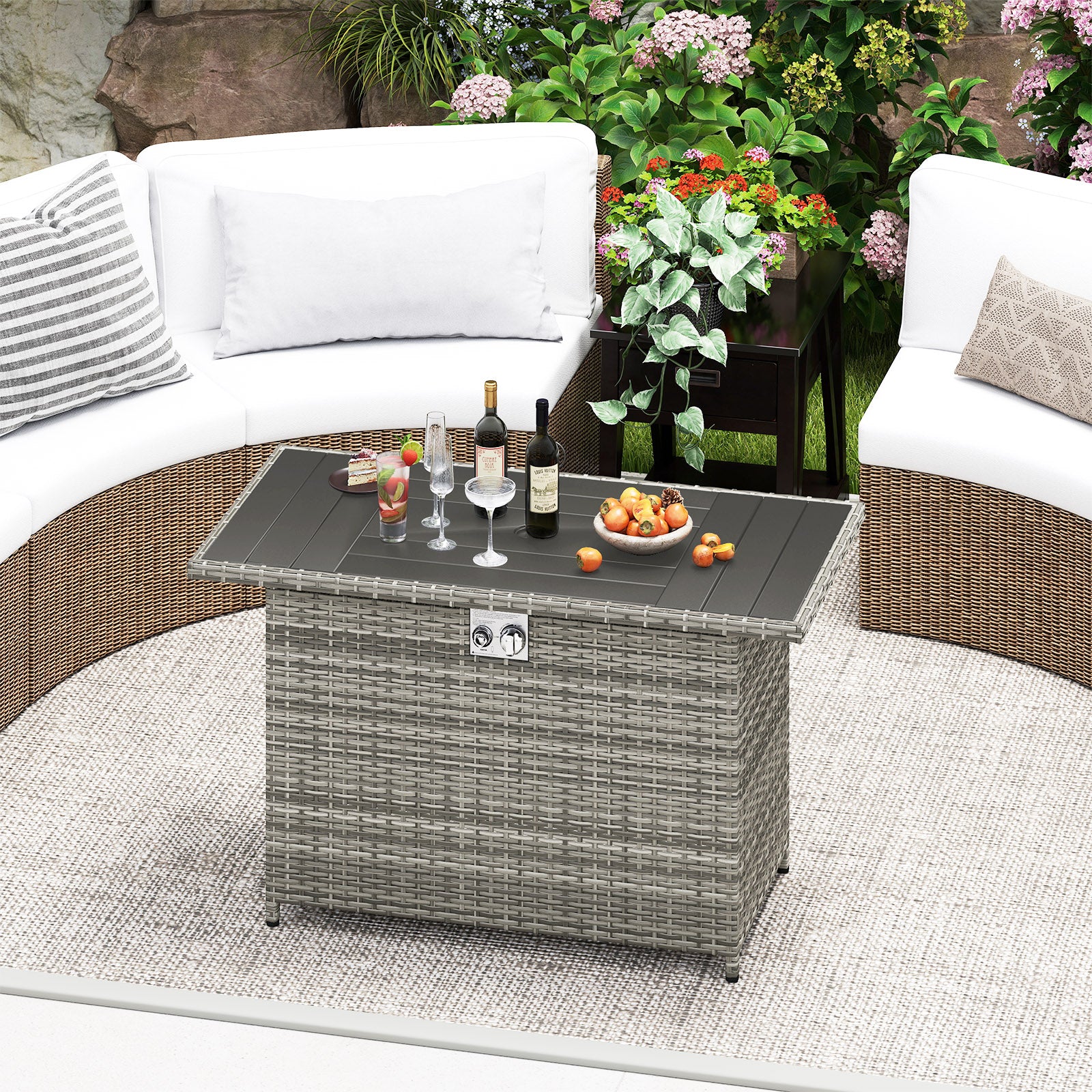 44.5 Inch Propane Fire Pit Table Rattan Gas 2-in-1 with Stainless Steel Burner, Gray Fire Pits at Gallery Canada