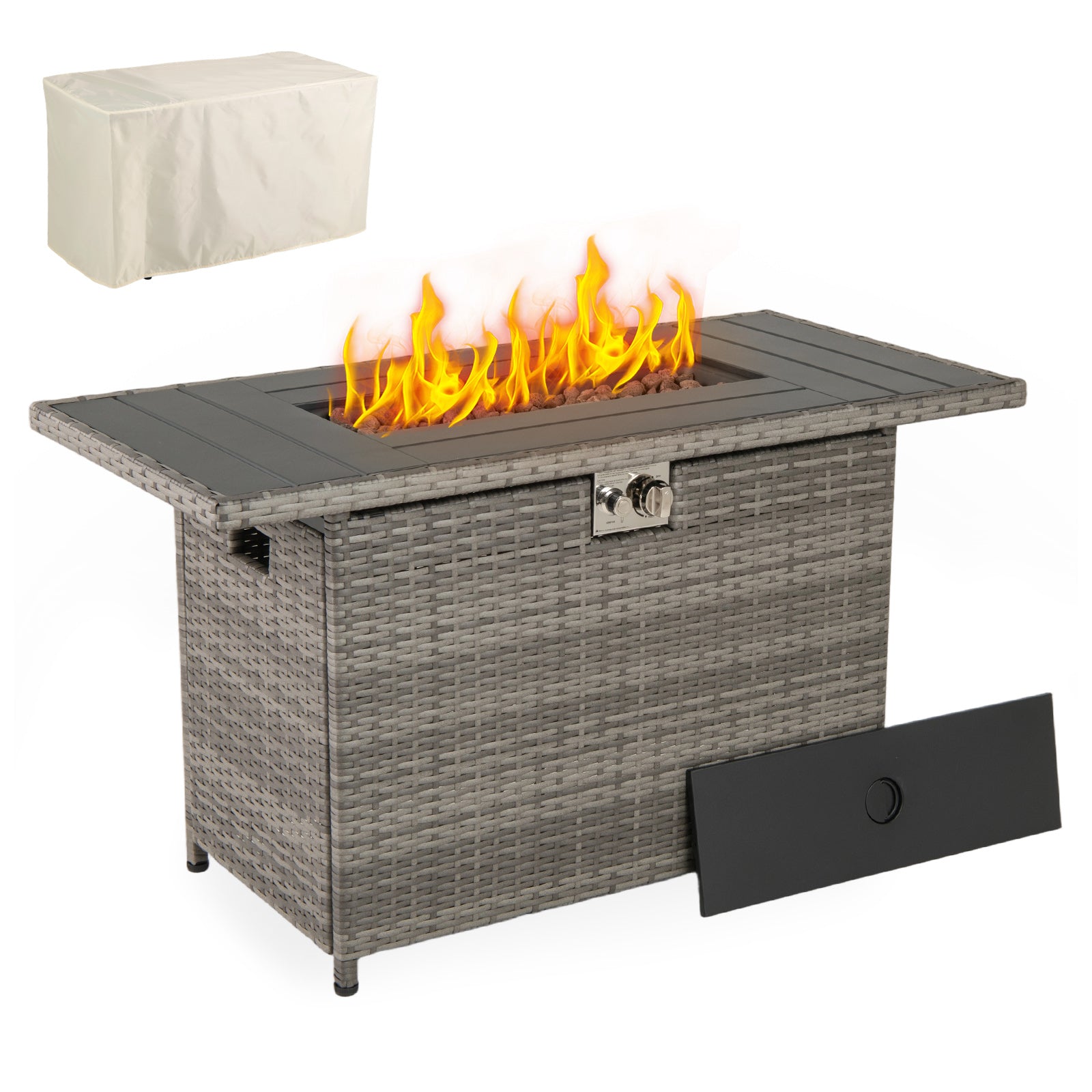 44.5 Inch Propane Fire Pit Table, Rattan Gas 2-in-1 Stainless Steel Burner, Gray Fire Pits at Gallery Canada