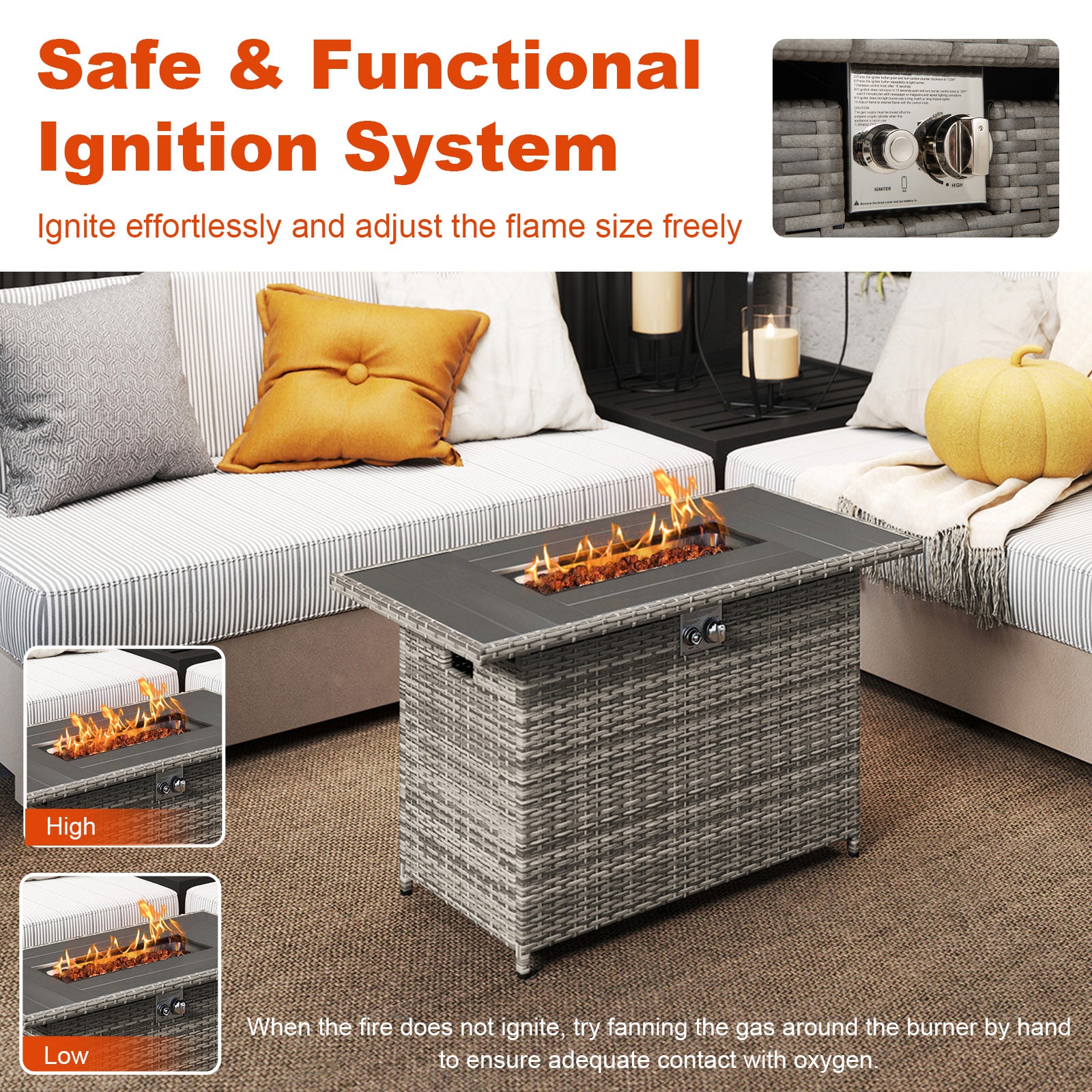 44.5 Inch Propane Fire Pit Table Rattan Gas 2-in-1 with Stainless Steel Burner, Gray Fire Pits at Gallery Canada