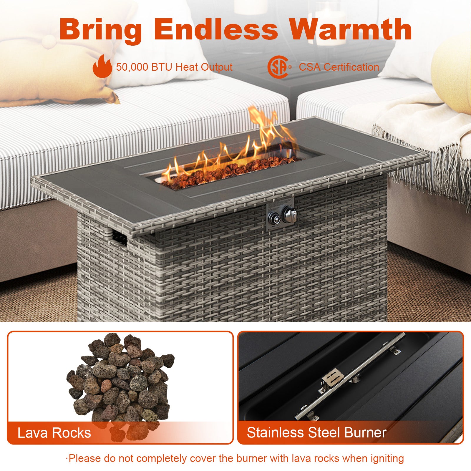 44.5 Inch Propane Fire Pit Table Rattan Gas 2-in-1 with Stainless Steel Burner, Gray Fire Pits at Gallery Canada