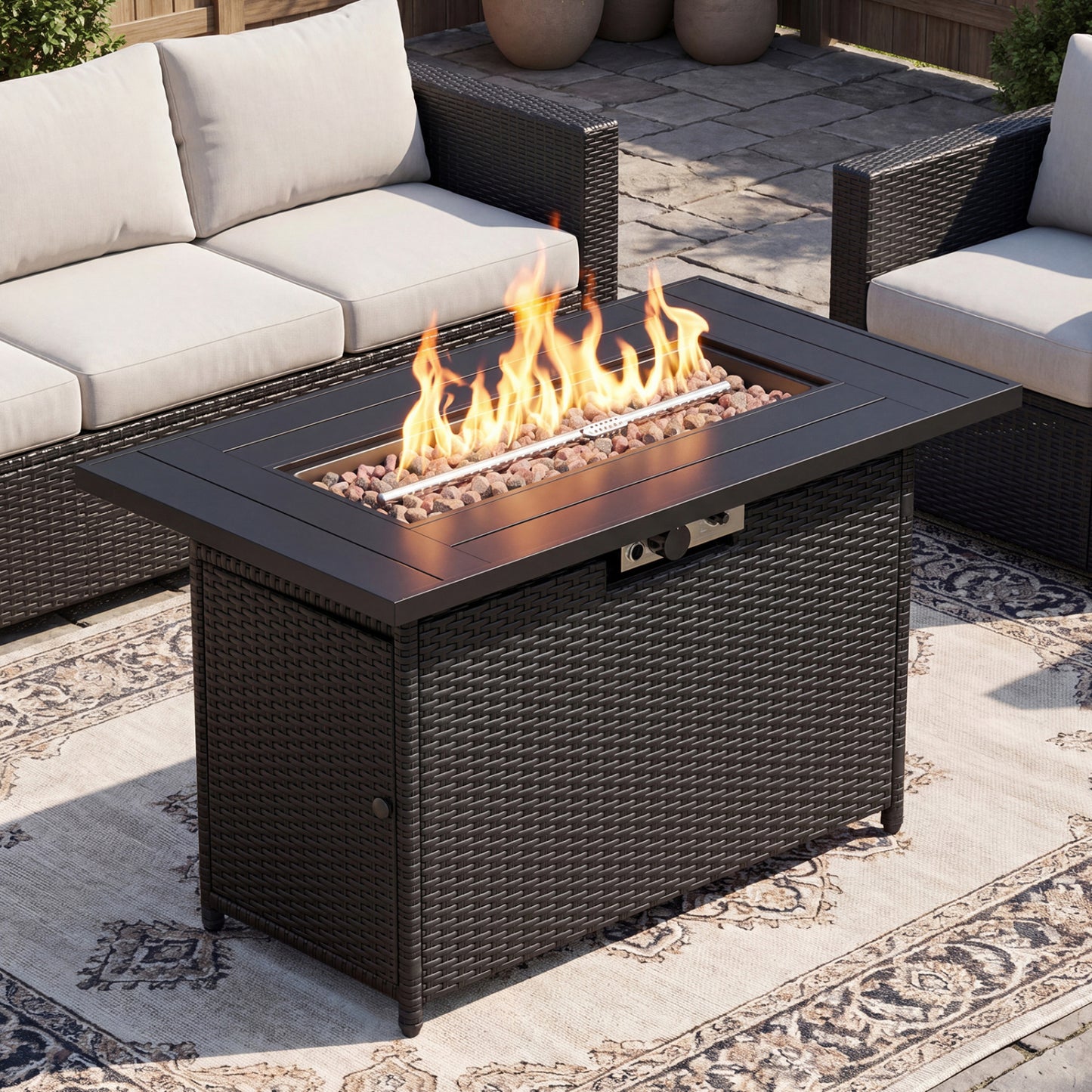 44.5 Inch Propane Fire Pit Table Rattan Gas 2-in-1 with Stainless Steel Burner, Black & Gray Fire Pits at Gallery Canada