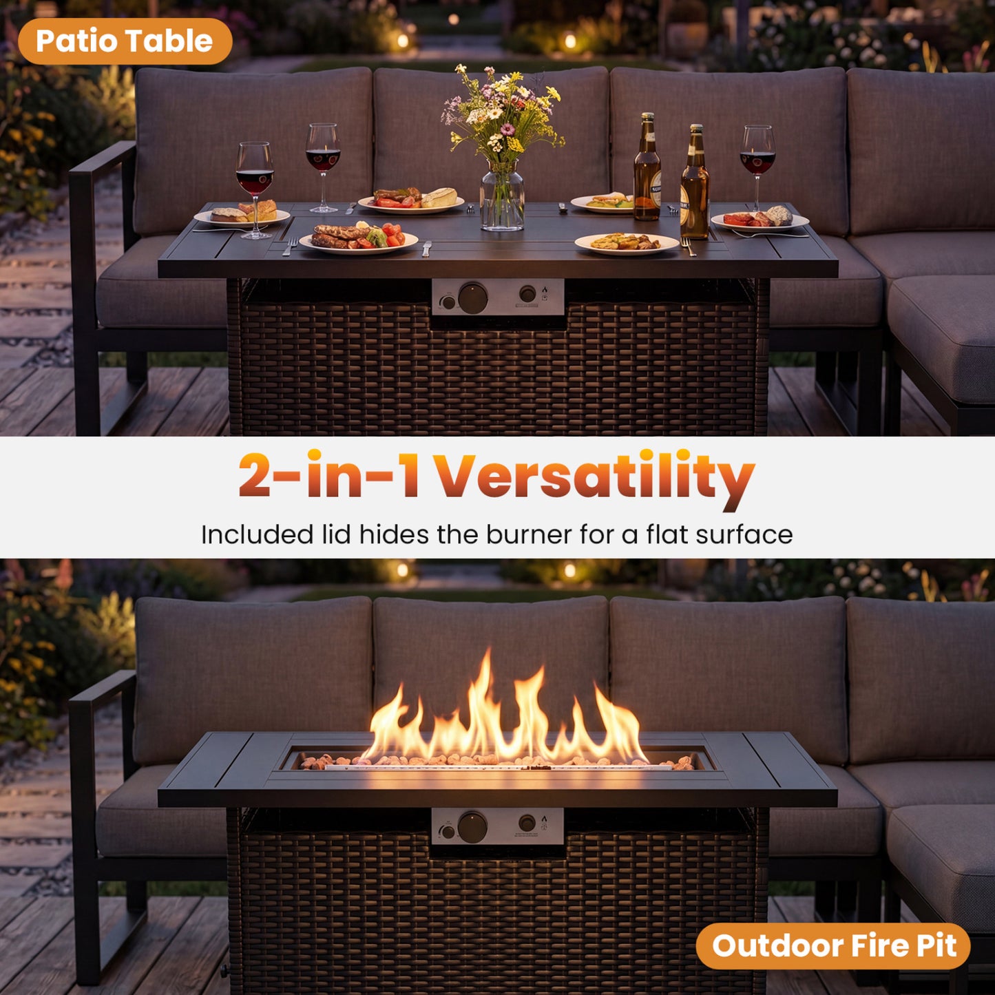 44.5 Inch Propane Fire Pit Table Rattan Gas 2-in-1 with Stainless Steel Burner, Black & Gray Fire Pits at Gallery Canada