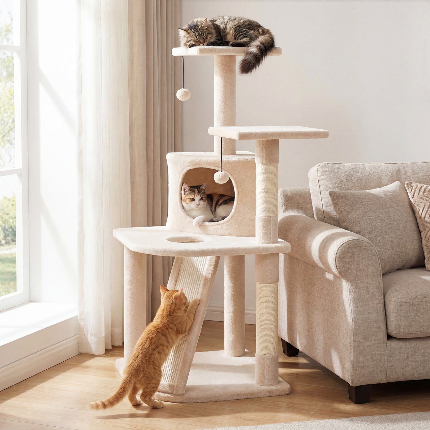 44 Inch Kitten Tower With Condo, 2 Plush Perches, Beige Cat Trees Condos & Scratchers at Gallery Canada