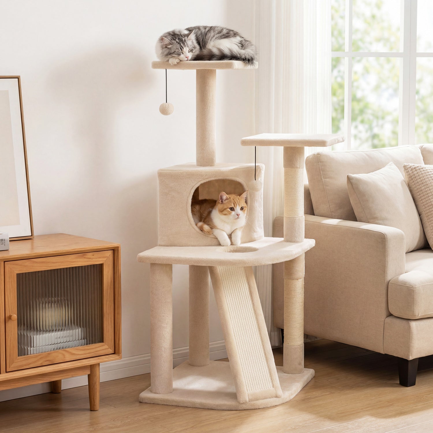 44 Inch Kitten Tower With Condo, 2 Plush Perches, Beige Cat Trees Condos & Scratchers at Gallery Canada