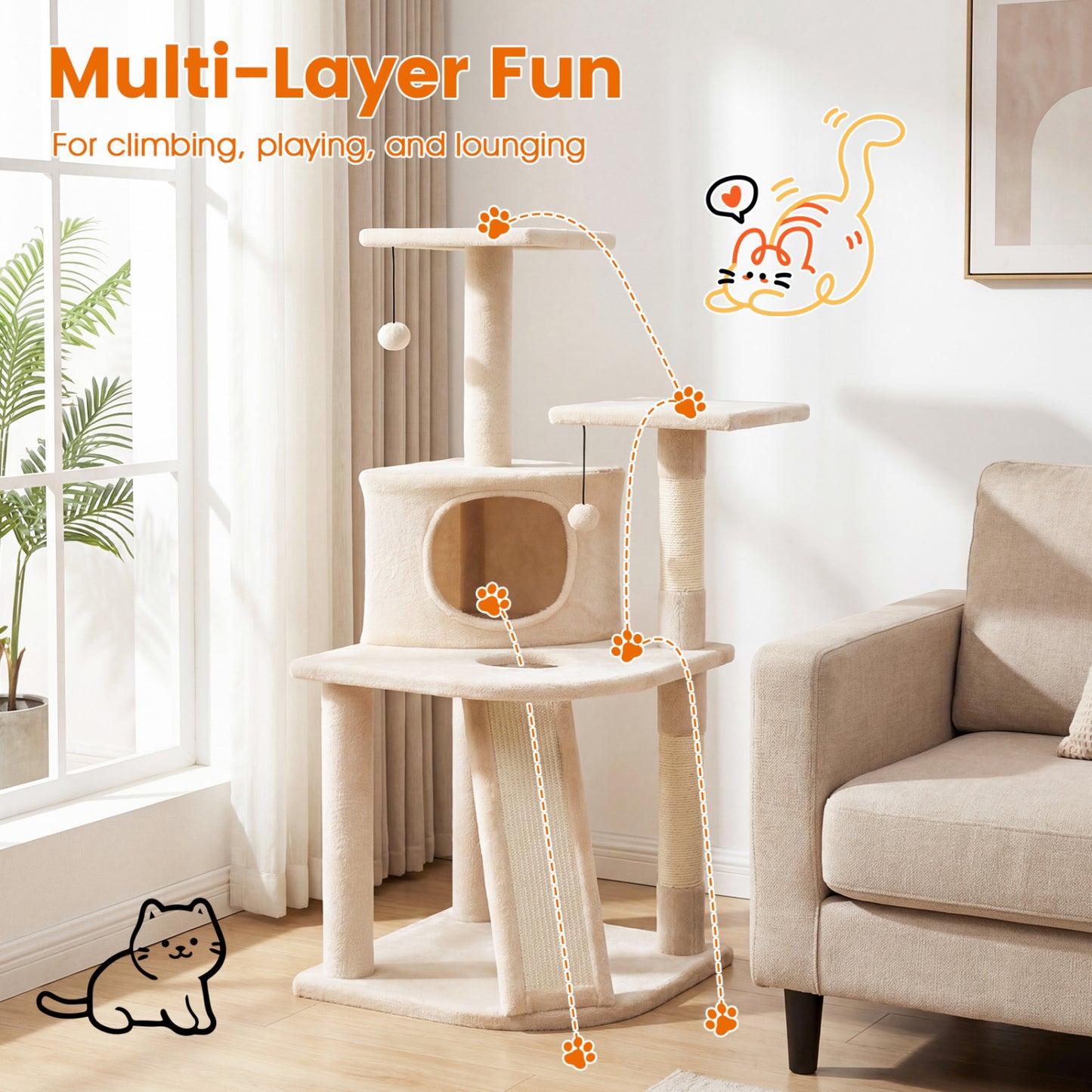 44 Inch Kitten Tower With Condo, 2 Plush Perches, Beige Cat Trees Condos & Scratchers at Gallery Canada