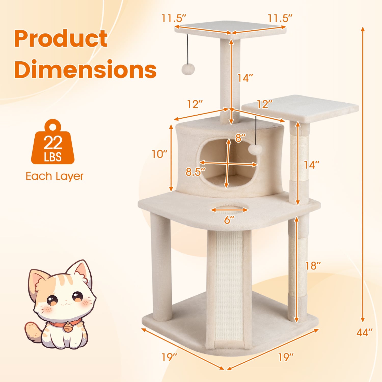 44 Inch Kitten Tower With Condo, 2 Plush Perches, Beige Cat Trees Condos & Scratchers at Gallery Canada