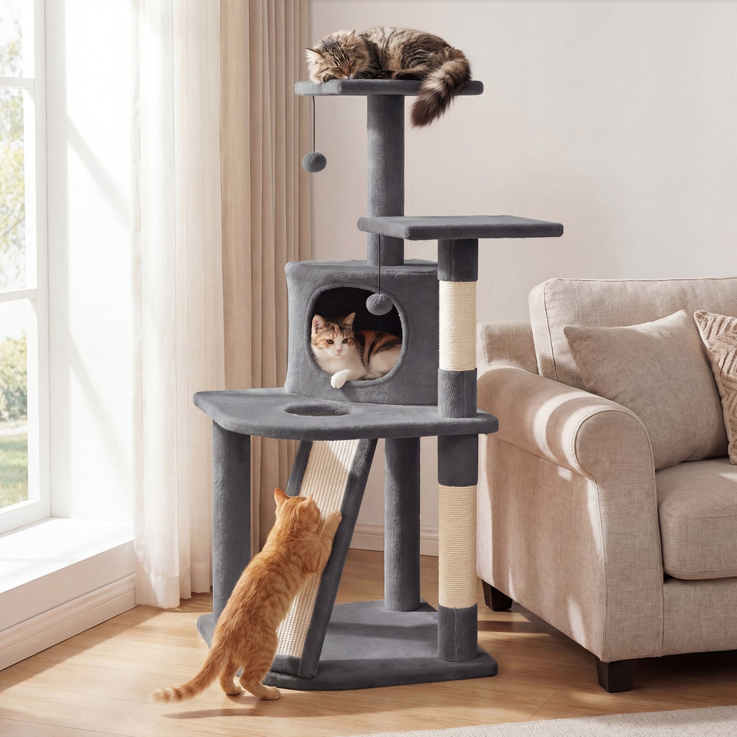 44 Inch Tall Kitten Tower With Condo, 2 Plush Perches, Light Gray Cat Trees Condos & Scratchers at Gallery Canada