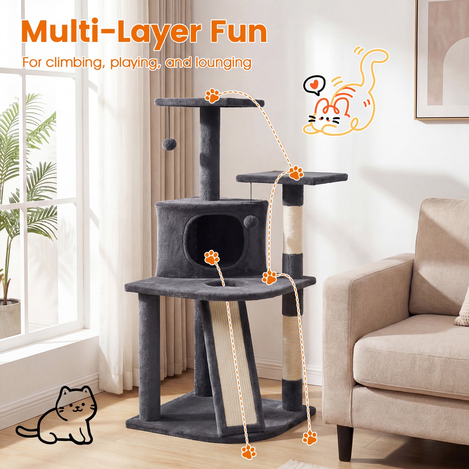 44 Inch Tall Kitten Tower With Condo, 2 Plush Perches, Dark Gray Cat Trees Condos & Scratchers at Gallery Canada