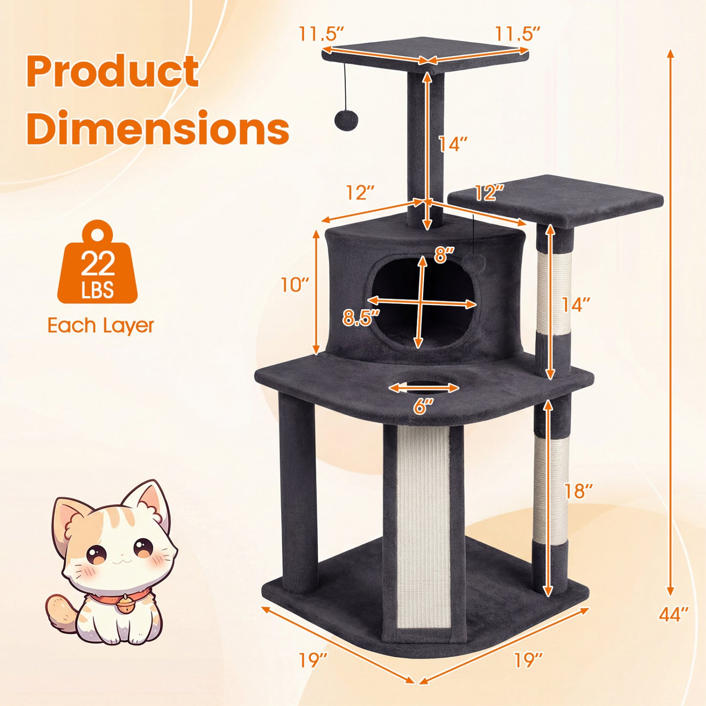 44 Inch Tall Kitten Tower With Condo, 2 Plush Perches, Dark Gray Cat Trees Condos & Scratchers at Gallery Canada