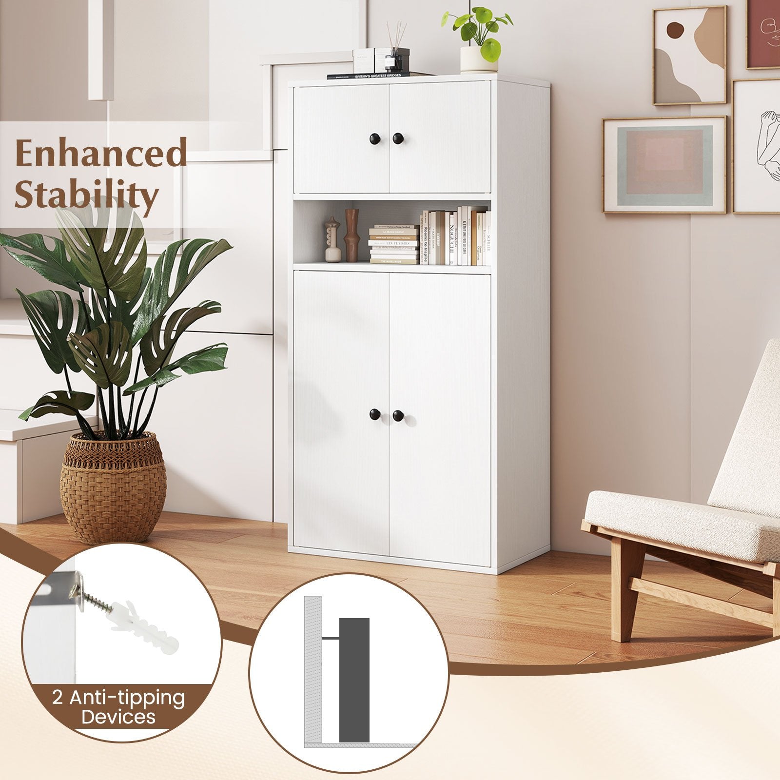 44 Inches Tall Bookshelf with Doors and Adjustable Shelf-1 Piece, White Bookcases at Gallery Canada