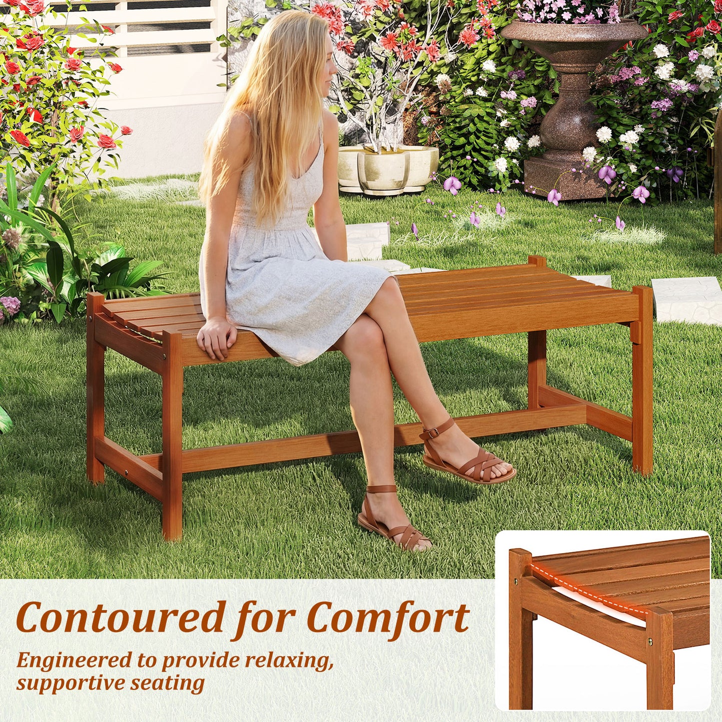 44" Patio Wood Bench, Outdoor Solid Hardwood, Teak Oil Finish Outdoor Benches at Gallery Canada