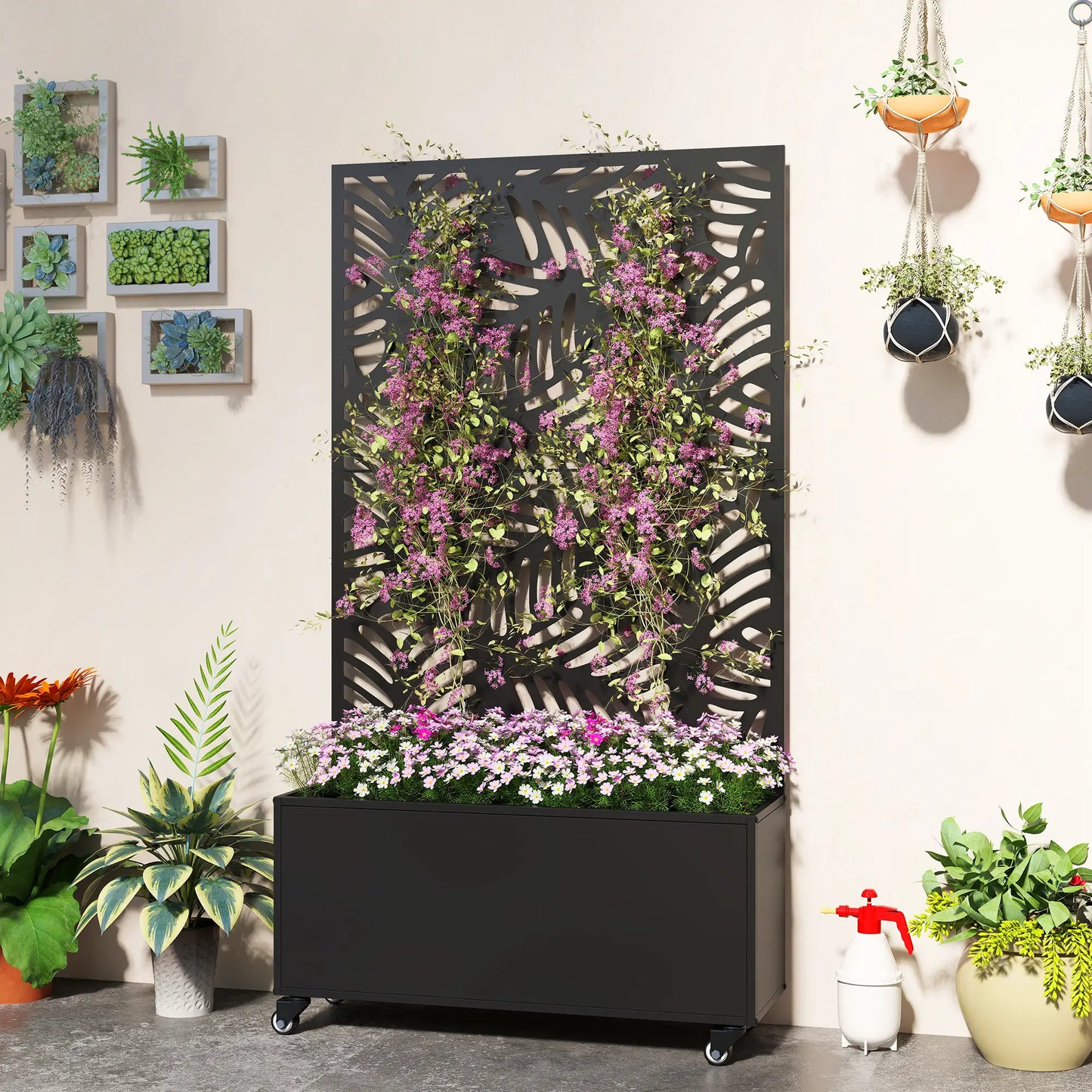 Metal Planter Box With Trellis, Raised Garden Bed With Monstera Leaf Cut-Out