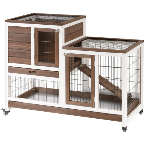 Wooden Rabbit Hutch, Indoor Bunny Cage with Wheels, Pull Out Trays, Brown