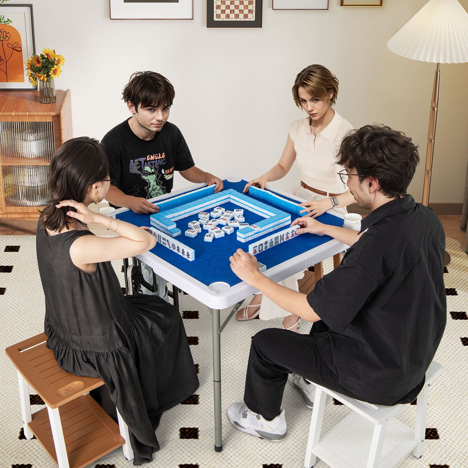 35 Inch 4 Player Game Card Folding Mahjong Table with Cup Holders, Navy Game Room at Gallery Canada