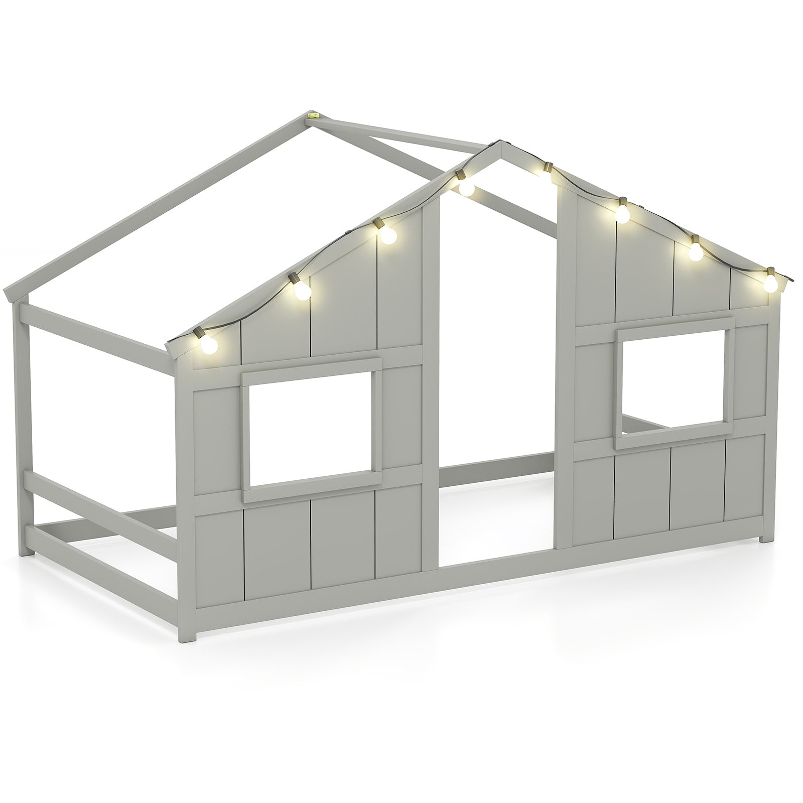 Twin Size House Bed with LED Lights Montessori Slat-free Floor Bed-Grey, Gray Toddler Beds Gray at Gallery Canada