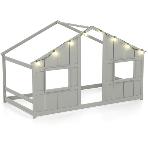 Twin Size House Bed With LED Lights, Montessori Slat-Free Floor Bed, Gray