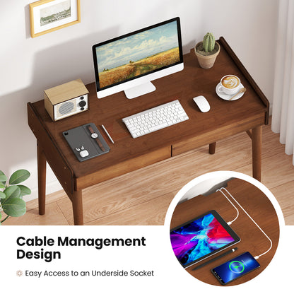 Bamboo Writing Desk With 2 Drawers, Open Shelf, Walnut Writing Desks at Gallery Canada