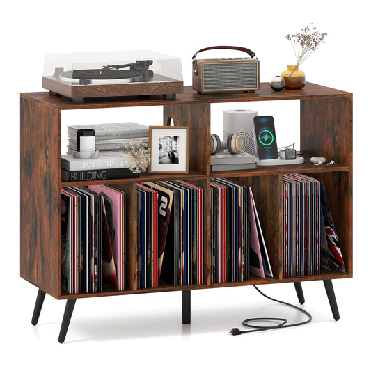 Record Player Stand with Charging Station and Open Shelves, Rustic Brown End & Side Tables Rustic Brown at Gallery Canada