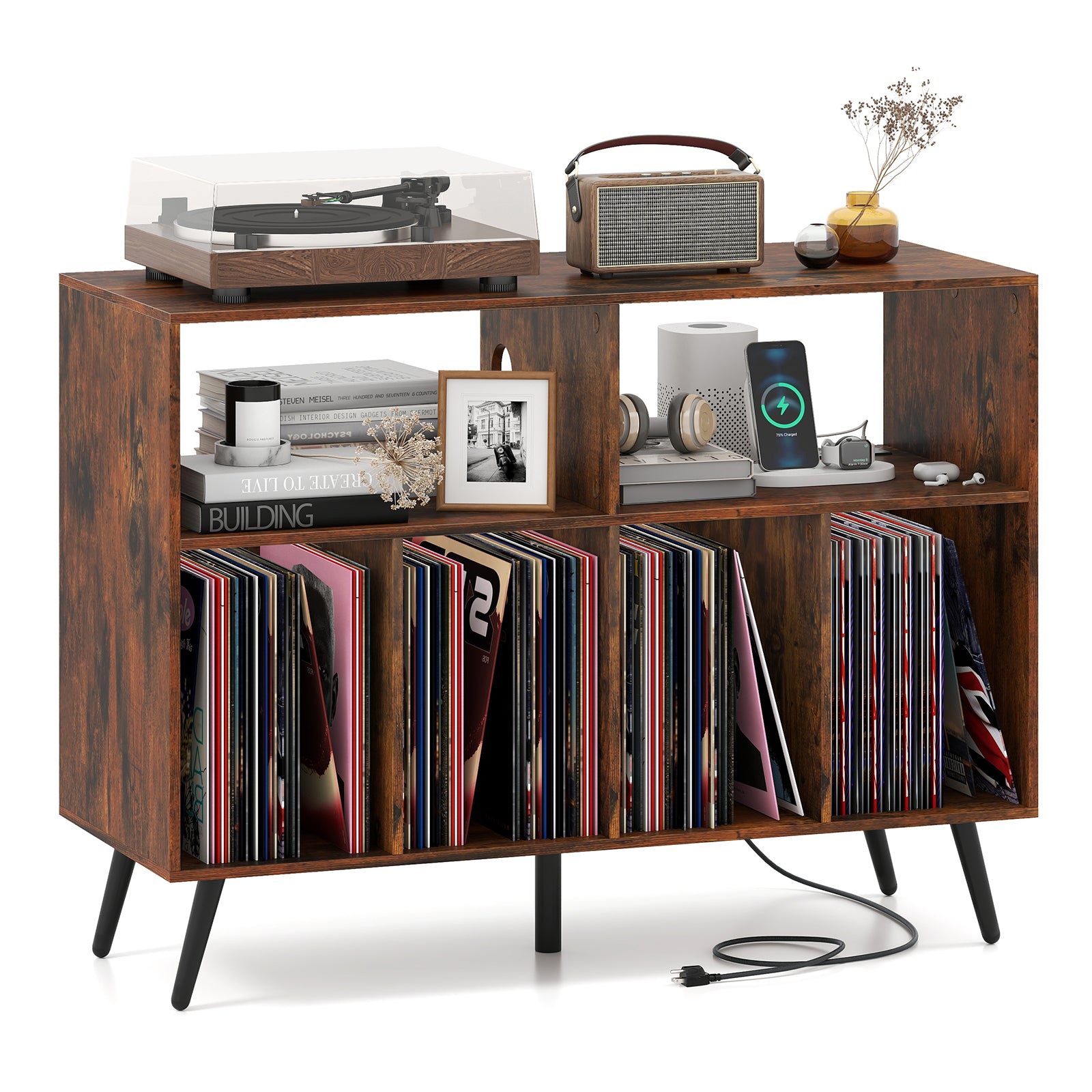 Record Player Stand With Charging Station, Open Shelves, Rustic Brown End & Side Tables Rustic Brown at Gallery Canada